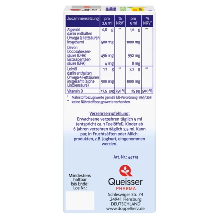 Abbildung der Produktverpackung Doppelherz system OMEGA-3 VEGAN LIQUID 2000 Seitenansicht links
